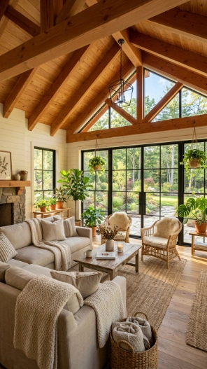 vaulted wood ceiling in 4 season sunroom with natural light and cozy furniture