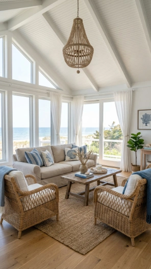 white beadboard ceiling in 4 season sunroom with coastal interior design