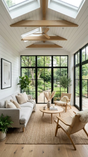 modern shiplap ceiling in 4 season sunroom with minimalist decor