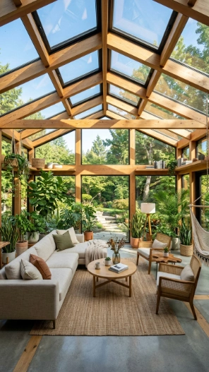 skylight ceiling in 4 season sunroom with natural light and plants