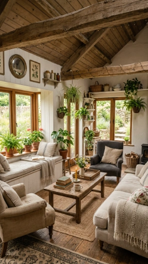 cozy farmhouse sunroom ceiling with rustic wood beams and warm decor