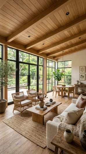 tongue and groove wood ceiling in 4 season sunroom with natural finish