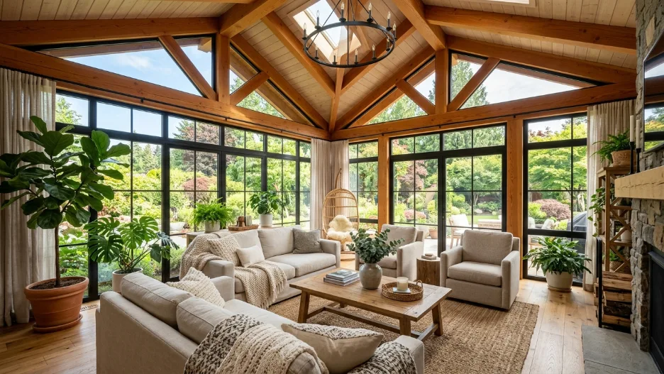 4 Season sunroom ceiling ideas with vaulted wood beams and bright natural lighting in a cozy modern sunroom