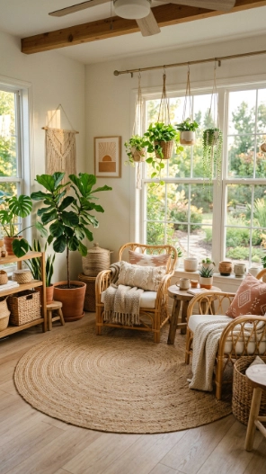 Boho sunroom ideas on a budget with rattan furniture and natural light