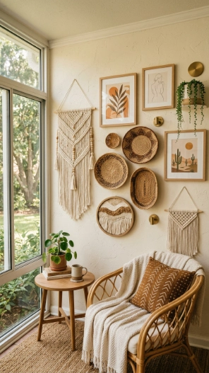 Boho sunroom wall decor ideas on a budget with macrame and baskets