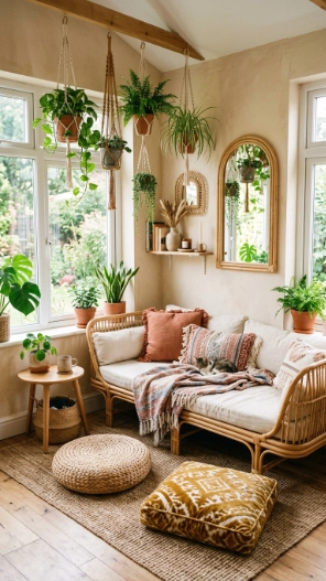 Small boho sunroom ideas on a budget with compact furniture and plants