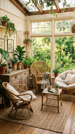 Affordable boho sunroom furniture ideas with thrifted rattan and wood pieces