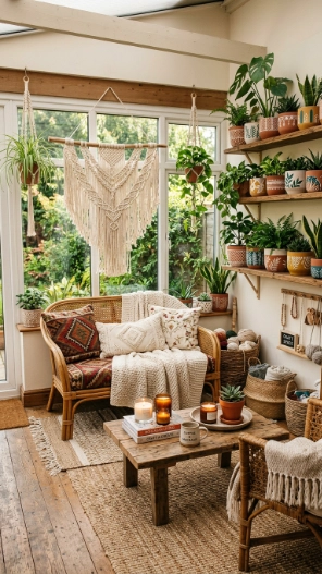 DIY boho sunroom decor ideas with macrame and handmade accents