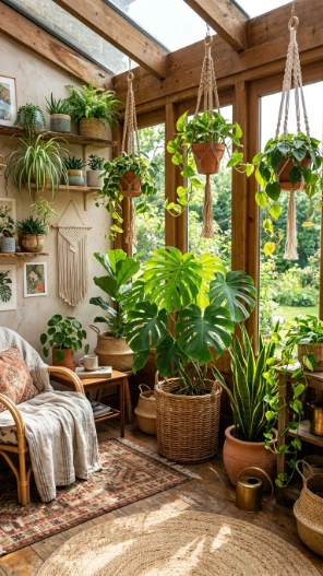 Indoor plants in boho sunroom ideas on a budget with natural greenery