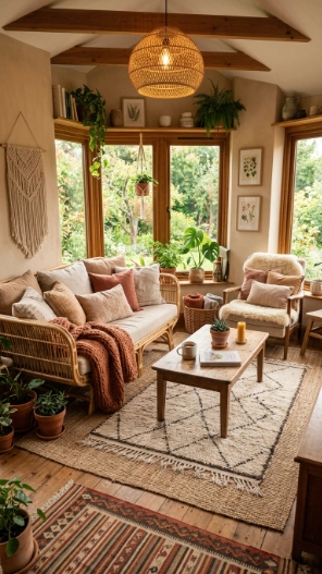 Layered textiles in boho sunroom ideas on a budget with rugs and cushions