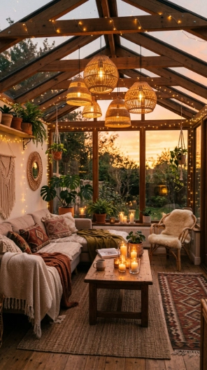 Boho sunroom lighting ideas with warm fairy lights and lamps
