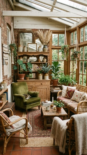 Vintage thrifted decor in boho sunroom ideas on a budget