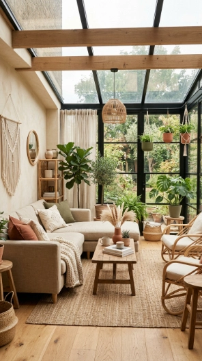 Neutral earthy tones in boho sunroom ideas on a budget