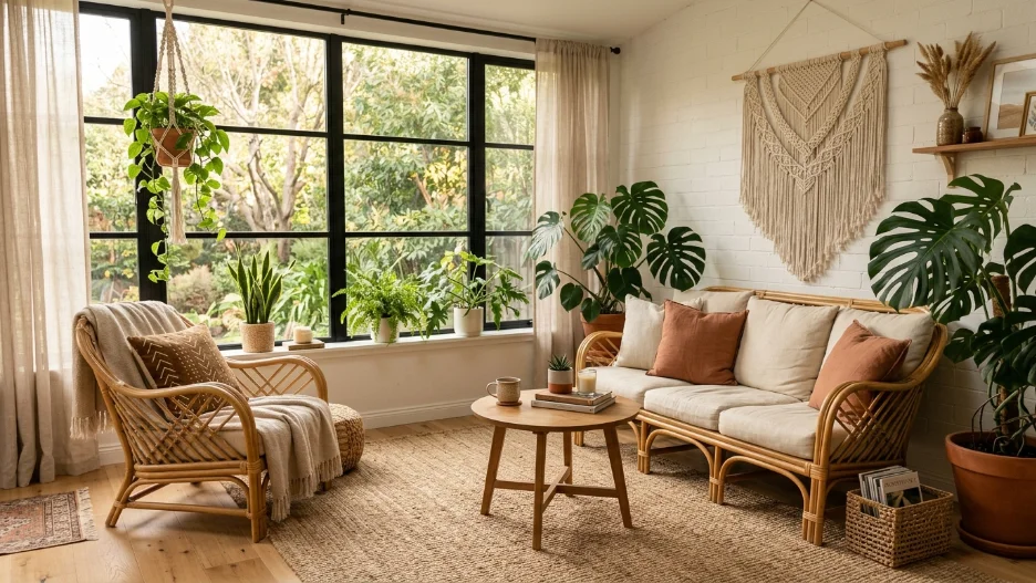 Boho sunroom ideas on a budget featuring cozy rattan furniture, indoor plants, and natural light decor