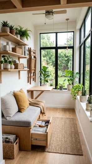 Budget friendly sunroom ideas storage bench shelves small space design