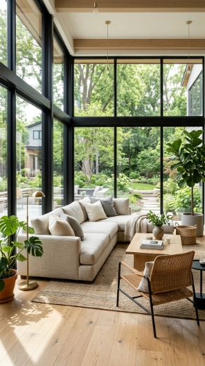 Floor to Ceiling Glass Sunroom Designs with modern glass walls and cozy seating
