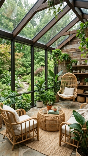 Nature Inspired Glass Sunroom Designs with greenery and natural textures