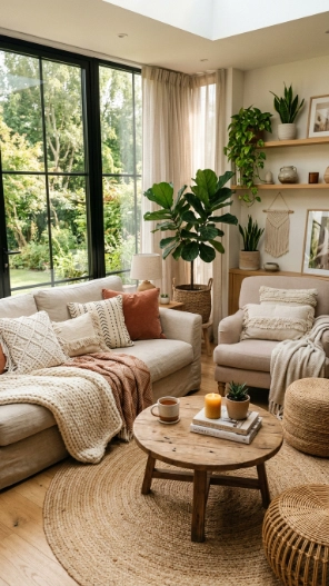 Cozy sunroom ideas with throw blankets and pillows