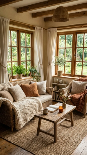 Cozy sunroom ideas with layered textures and warm decor