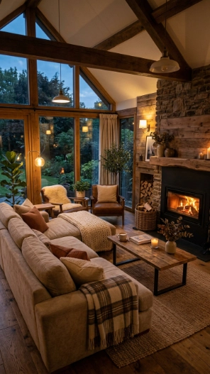Cozy sunroom ideas with fireplace and warm decor