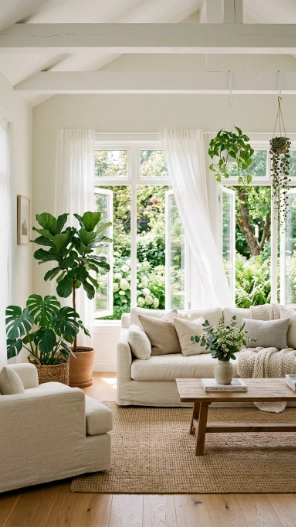 Cozy sunroom ideas with sheer curtains and natural light