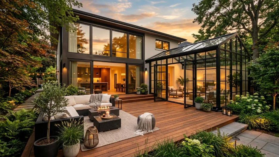 Deck and sunroom combo ideas luxury modern backyard with glass sunroom
