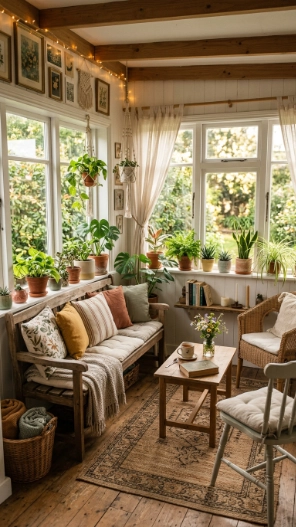 Indoor sunroom decorating ideas on a budget with cozy decor