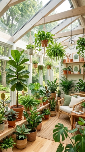 Indoor sunroom decorating ideas with plants and greenery