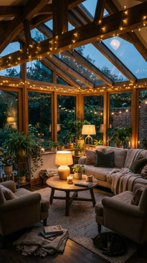 Indoor sunroom decorating ideas with warm evening lighting