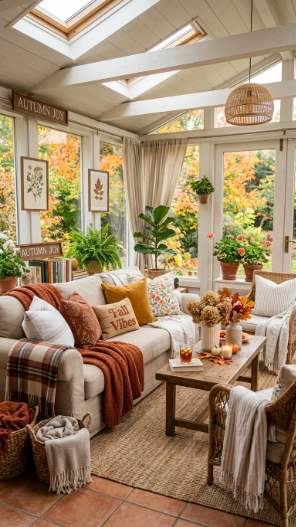 Indoor sunroom decorating ideas with seasonal decor styling
