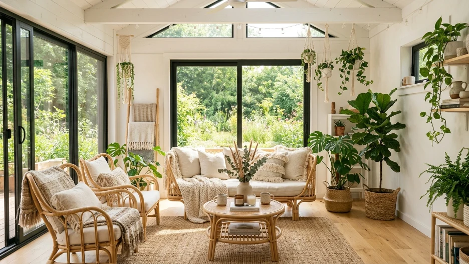 Indoor sunroom decorating ideas with cozy furniture and natural light
