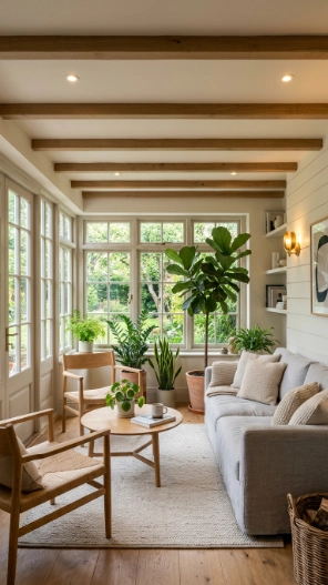 Smart lighting in low ceiling sunroom ideas with layered ambient lighting and cozy modern decor