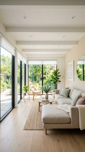 Low ceiling sunroom ideas using soft neutral colors to make space look bigger and brighter
