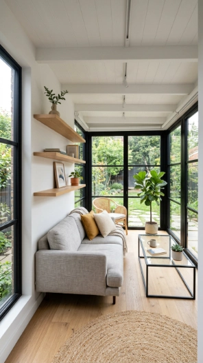 Low ceiling sunroom ideas with compact furniture and minimalist layout for small spaces