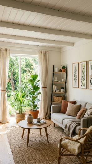 Low ceiling sunroom ideas using vertical decor elements like tall plants and curtains to create height illusion