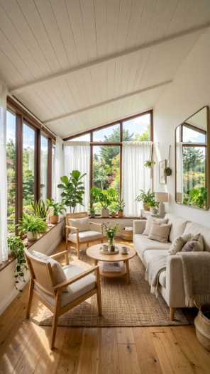 Low ceiling sunroom ideas maximizing natural light with large windows and reflective decor