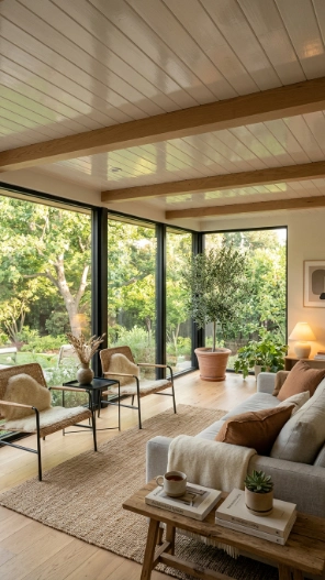 Low ceiling sunroom ideas with light ceiling design and subtle architectural details