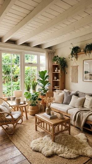 Low ceiling sunroom ideas with cozy modern decor, soft textures and natural materials