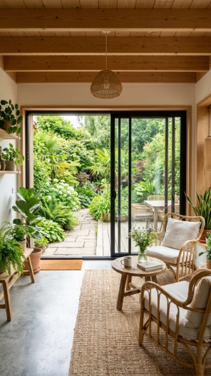 Low ceiling sunroom ideas blending indoor space with outdoor garden using glass doors and greenery