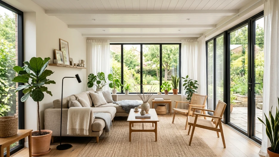 Low ceiling sunroom ideas featuring bright airy modern interior with large windows, cozy furniture, and natural light design