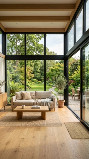 Outdoor sunroom ideas modern glass enclosure with cozy minimalist interior