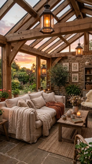 Outdoor sunroom ideas rustic cozy farmhouse style with warm lighting