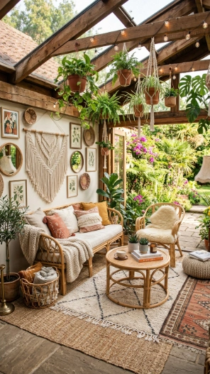 Outdoor sunroom ideas boho chic rattan plants cozy aesthetic design