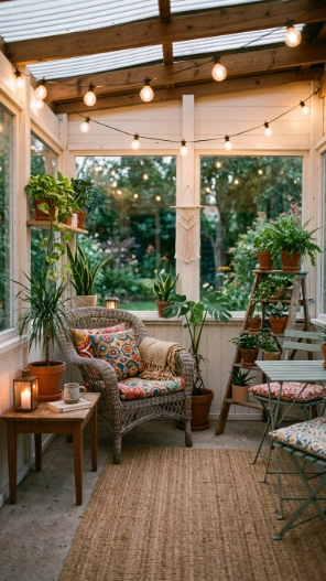 Outdoor sunroom ideas budget friendly cozy DIY decor lighting
