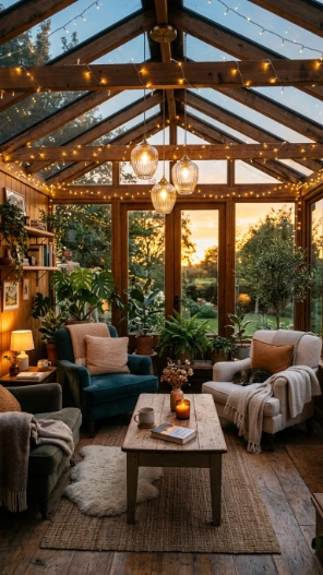 Outdoor sunroom ideas cozy lighting warm ambient evening glow design