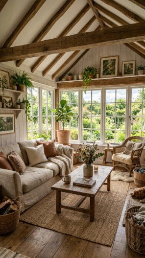 rustic sunroom ideas with natural wood beams and cozy farmhouse style