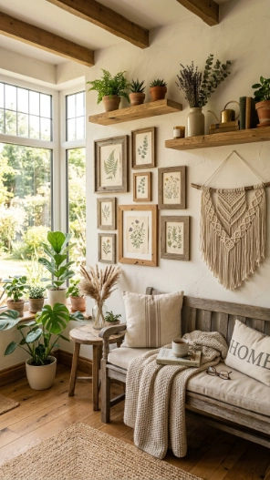 rustic sunroom wall decor ideas with vintage frames and wood accents