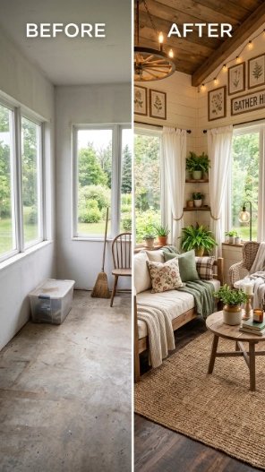 rustic sunroom makeover ideas before and after cozy transformation