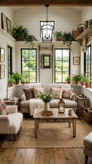farmhouse rustic sunroom ideas with vintage décor and shiplap walls