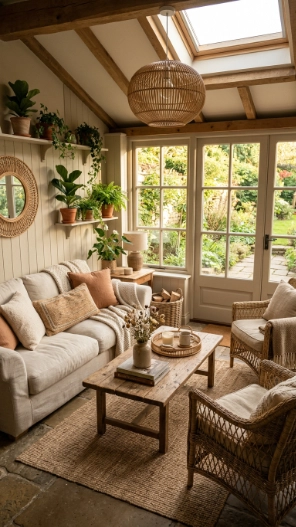 rustic sunroom furniture ideas with wooden and wicker seating